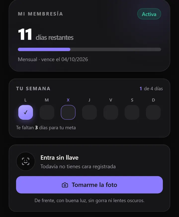 Inicio de la app de Prime Gym: membresía activa con 11 días restantes y la semana de entrenos